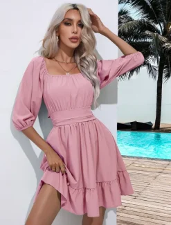Discount Valentine's Day Women's Normal Mini Dress Boho Chic Dresses A Line Dress Bohemia Stylish Classic Lantern Sleeve Vacation Party Daily Form Fit Plain Sleeveless Square Neck Black White Pink Red Summer Women Casual Dress