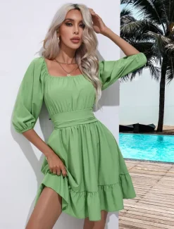 Discount Valentine's Day Women's Normal Mini Dress Boho Chic Dresses A Line Dress Bohemia Stylish Classic Lantern Sleeve Vacation Party Daily Form Fit Plain Sleeveless Square Neck Black White Pink Red Summer Women Casual Dress