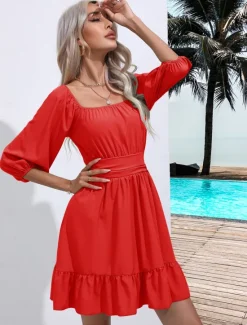 Discount Valentine's Day Women's Normal Mini Dress Boho Chic Dresses A Line Dress Bohemia Stylish Classic Lantern Sleeve Vacation Party Daily Form Fit Plain Sleeveless Square Neck Black White Pink Red Summer Women Casual Dress