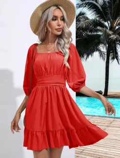 Discount Valentine's Day Women's Normal Mini Dress Boho Chic Dresses A Line Dress Bohemia Stylish Classic Lantern Sleeve Vacation Party Daily Form Fit Plain Sleeveless Square Neck Black White Pink Red Summer Women Casual Dress