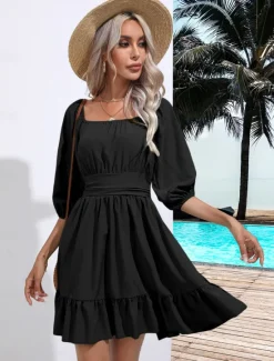 Discount Valentine's Day Women's Normal Mini Dress Boho Chic Dresses A Line Dress Bohemia Stylish Classic Lantern Sleeve Vacation Party Daily Form Fit Plain Sleeveless Square Neck Black White Pink Red Summer Women Casual Dress