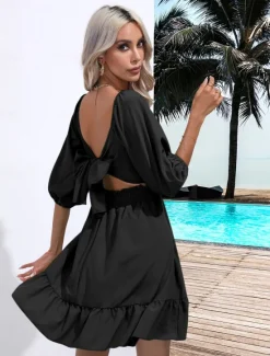 Discount Valentine's Day Women's Normal Mini Dress Boho Chic Dresses A Line Dress Bohemia Stylish Classic Lantern Sleeve Vacation Party Daily Form Fit Plain Sleeveless Square Neck Black White Pink Red Summer Women Casual Dress