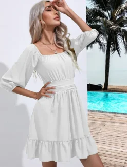 Discount Valentine's Day Women's Normal Mini Dress Boho Chic Dresses A Line Dress Bohemia Stylish Classic Lantern Sleeve Vacation Party Daily Form Fit Plain Sleeveless Square Neck Black White Pink Red Summer Women Casual Dress