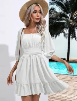 Discount Valentine's Day Women's Normal Mini Dress Boho Chic Dresses A Line Dress Bohemia Stylish Classic Lantern Sleeve Vacation Party Daily Form Fit Plain Sleeveless Square Neck Black White Pink Red Summer Women Casual Dress