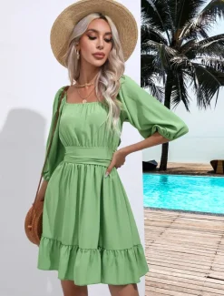 Discount Valentine's Day Women's Normal Mini Dress Boho Chic Dresses A Line Dress Bohemia Stylish Classic Lantern Sleeve Vacation Party Daily Form Fit Plain Sleeveless Square Neck Black White Pink Red Summer Women Casual Dress