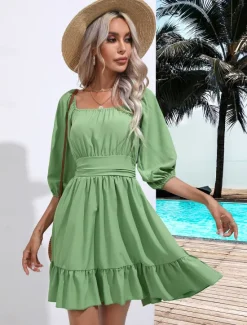 Discount Valentine's Day Women's Normal Mini Dress Boho Chic Dresses A Line Dress Bohemia Stylish Classic Lantern Sleeve Vacation Party Daily Form Fit Plain Sleeveless Square Neck Black White Pink Red Summer Women Casual Dress