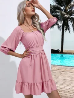 Discount Valentine's Day Women's Normal Mini Dress Boho Chic Dresses A Line Dress Bohemia Stylish Classic Lantern Sleeve Vacation Party Daily Form Fit Plain Sleeveless Square Neck Black White Pink Red Summer Women Casual Dress