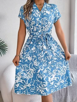 New Valentine's Day Women's Normal Midi Dress Swing Dress Boho Dress Bohemia Stylish Classic Cap Sleeve Vacation Party Date Loose Fit Graphic Short Sleeve V Neck White Blue Dark Blue Summer Women Floral Dresses