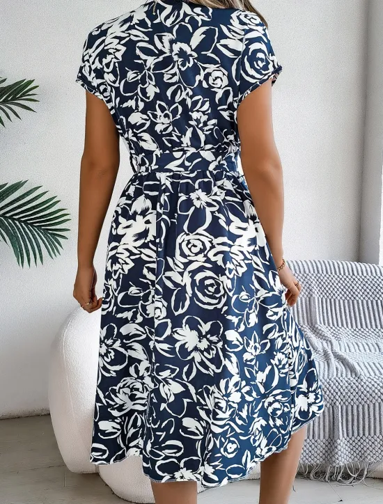 New Valentine's Day Women's Normal Midi Dress Swing Dress Boho Dress Bohemia Stylish Classic Cap Sleeve Vacation Party Date Loose Fit Graphic Short Sleeve V Neck White Blue Dark Blue Summer Women Floral Dresses
