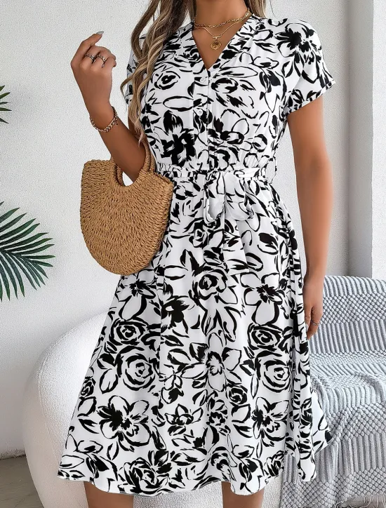 New Valentine's Day Women's Normal Midi Dress Swing Dress Boho Dress Bohemia Stylish Classic Cap Sleeve Vacation Party Date Loose Fit Graphic Short Sleeve V Neck White Blue Dark Blue Summer Women Floral Dresses