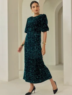 Online Velour Sequin Puff Sleeve Sparkly Elegant Maxi Dress Women Cocktail Dress