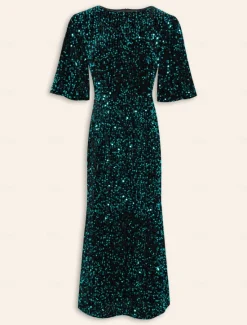 Online Velour Sequin Puff Sleeve Sparkly Elegant Maxi Dress Women Cocktail Dress