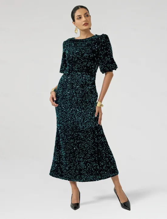 Online Velour Sequin Puff Sleeve Sparkly Elegant Maxi Dress Women Cocktail Dress