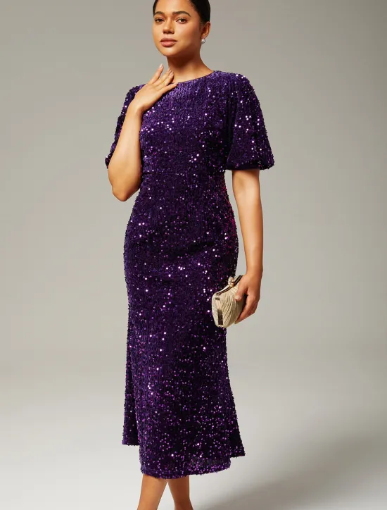 Online Velour Sequin Puff Sleeve Sparkly Elegant Maxi Dress Women Cocktail Dress