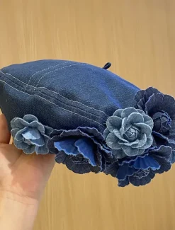 Online Vintage Flower Decor Beret Cap For Women Blue Denim Washed Berets Lightweight Octagonal Hat Classic Painter Hats Women Hats