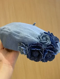 Online Vintage Flower Decor Beret Cap For Women Blue Denim Washed Berets Lightweight Octagonal Hat Classic Painter Hats Women Hats