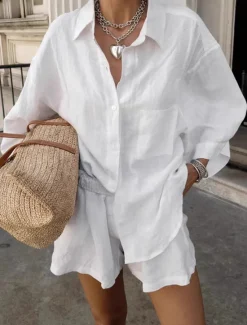 Outlet Women 100% Cotton Elegant Vacation Vintage Shorts Sets Long Sleeve Shirt Collar Plain Vacation Casual Daily Summer Women Sets|Two Piece Sets