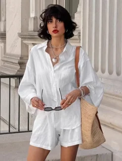 Outlet Women 100% Cotton Elegant Vacation Vintage Shorts Sets Long Sleeve Shirt Collar Plain Vacation Casual Daily Summer Women Sets|Two Piece Sets