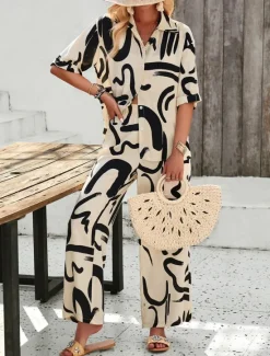 Discount Women EU / US Size2 Pieces SetsFashion Daily Bolero Top Wide Leg Short Sleeve Shirt Collar Geometric Color Block Leaves Print Casual Daily Weekend Black Yellow Blue Spring & Summer Loose Fit Women Two Piece Sets