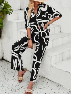 Discount Women EU / US Size2 Pieces SetsFashion Daily Bolero Top Wide Leg Short Sleeve Shirt Collar Geometric Color Block Leaves Print Casual Daily Weekend Black Yellow Blue Spring & Summer Loose Fit Women Two Piece Sets