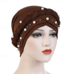 Hot Women Fashion Pearls Muslim Scarf Hijabs Hat Women India Hat Solid Turban Hat Wrap Cap Head Scarf Headscarf Hat Female Hair Accessories Women Hats