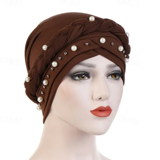 Hot Women Fashion Pearls Muslim Scarf Hijabs Hat Women India Hat Solid Turban Hat Wrap Cap Head Scarf Headscarf Hat Female Hair Accessories Women Hats