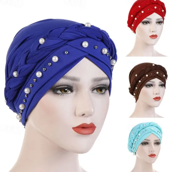 Hot Women Fashion Pearls Muslim Scarf Hijabs Hat Women India Hat Solid Turban Hat Wrap Cap Head Scarf Headscarf Hat Female Hair Accessories Women Hats