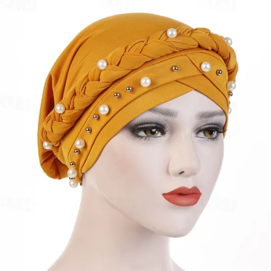 Hot Women Fashion Pearls Muslim Scarf Hijabs Hat Women India Hat Solid Turban Hat Wrap Cap Head Scarf Headscarf Hat Female Hair Accessories Women Hats