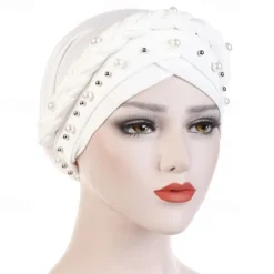 Hot Women Fashion Pearls Muslim Scarf Hijabs Hat Women India Hat Solid Turban Hat Wrap Cap Head Scarf Headscarf Hat Female Hair Accessories Women Hats