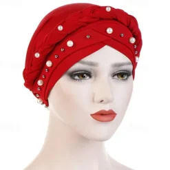 Hot Women Fashion Pearls Muslim Scarf Hijabs Hat Women India Hat Solid Turban Hat Wrap Cap Head Scarf Headscarf Hat Female Hair Accessories Women Hats