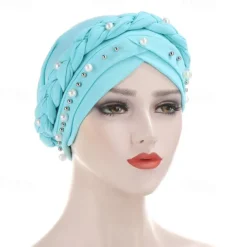 Hot Women Fashion Pearls Muslim Scarf Hijabs Hat Women India Hat Solid Turban Hat Wrap Cap Head Scarf Headscarf Hat Female Hair Accessories Women Hats