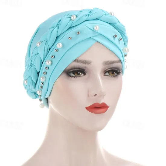 Hot Women Fashion Pearls Muslim Scarf Hijabs Hat Women India Hat Solid Turban Hat Wrap Cap Head Scarf Headscarf Hat Female Hair Accessories Women Hats