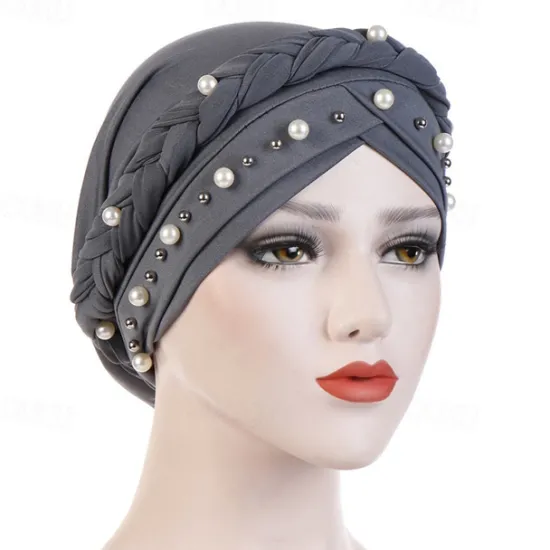 Hot Women Fashion Pearls Muslim Scarf Hijabs Hat Women India Hat Solid Turban Hat Wrap Cap Head Scarf Headscarf Hat Female Hair Accessories Women Hats