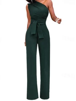 Outlet Women Party Jumpsuit Backless Lace up Solid Color One Shoulder Elegant Party Street Regular Fit Sleeveless Green Blue White S M L Spring Women Jumpsuits