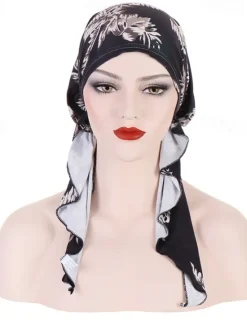 Clearance Women Printed Pre-tie Headscarf Elastic Muslim Female Turban Soft Hat Hair Loss Cover Head Wrap Headwear Stretch Bandana Women Hats