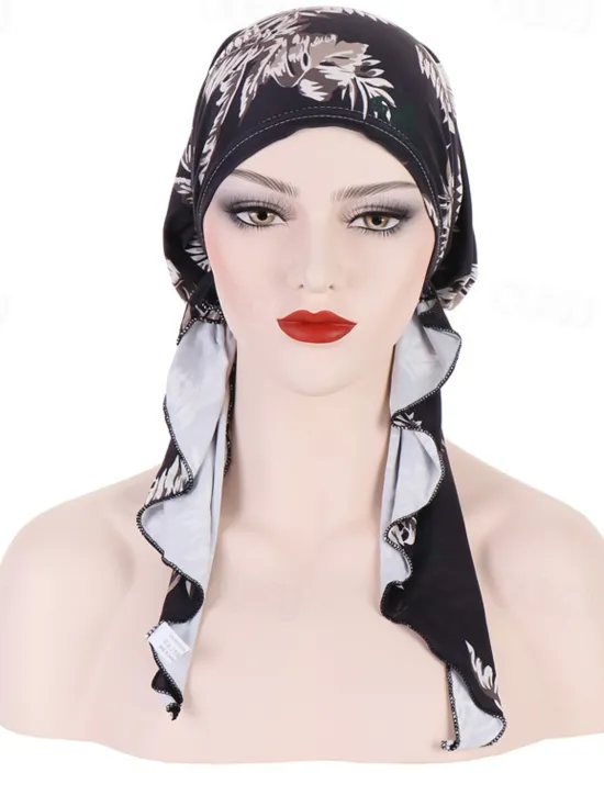 Clearance Women Printed Pre-tie Headscarf Elastic Muslim Female Turban Soft Hat Hair Loss Cover Head Wrap Headwear Stretch Bandana Women Hats
