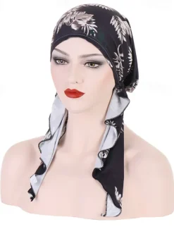 Clearance Women Printed Pre-tie Headscarf Elastic Muslim Female Turban Soft Hat Hair Loss Cover Head Wrap Headwear Stretch Bandana Women Hats