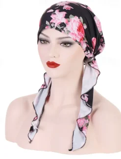 Clearance Women Printed Pre-tie Headscarf Elastic Muslim Female Turban Soft Hat Hair Loss Cover Head Wrap Headwear Stretch Bandana Women Hats