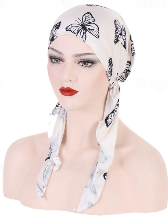 Clearance Women Printed Pre-tie Headscarf Elastic Muslim Female Turban Soft Hat Hair Loss Cover Head Wrap Headwear Stretch Bandana Women Hats