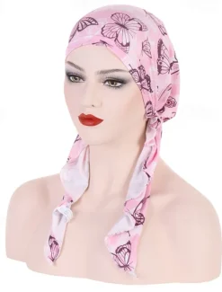 Clearance Women Printed Pre-tie Headscarf Elastic Muslim Female Turban Soft Hat Hair Loss Cover Head Wrap Headwear Stretch Bandana Women Hats