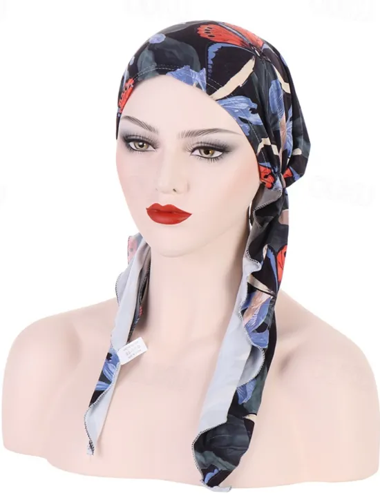 Clearance Women Printed Pre-tie Headscarf Elastic Muslim Female Turban Soft Hat Hair Loss Cover Head Wrap Headwear Stretch Bandana Women Hats