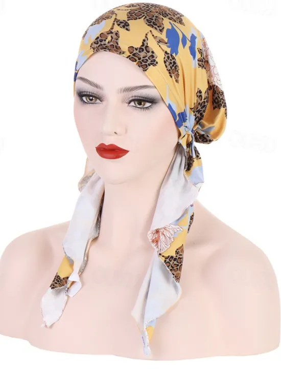 Clearance Women Printed Pre-tie Headscarf Elastic Muslim Female Turban Soft Hat Hair Loss Cover Head Wrap Headwear Stretch Bandana Women Hats