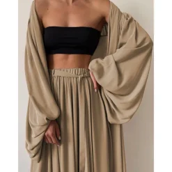 Hot Women Sexy Boho Shirt Cotton Linen Sets Two Piece Sets Long Sleeve Puff Sleeve Plain Going out Beach Black White Camel Fall & Winter Loose Fit Women Sets