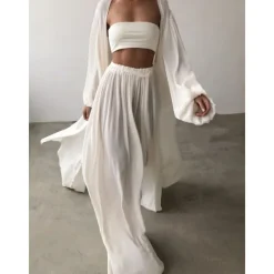 Hot Women Sexy Boho Shirt Cotton Linen Sets Two Piece Sets Long Sleeve Puff Sleeve Plain Going out Beach Black White Camel Fall & Winter Loose Fit Women Sets