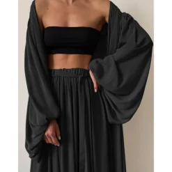 Hot Women Sexy Boho Shirt Cotton Linen Sets Two Piece Sets Long Sleeve Puff Sleeve Plain Going out Beach Black White Camel Fall & Winter Loose Fit Women Sets