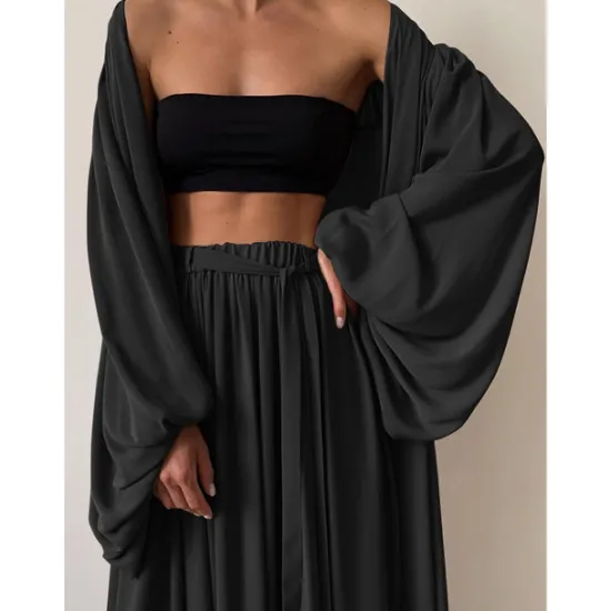 Hot Women Sexy Boho Shirt Cotton Linen Sets Two Piece Sets Long Sleeve Puff Sleeve Plain Going out Beach Black White Camel Fall & Winter Loose Fit Women Sets