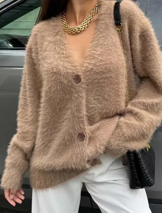 Women's Knit Fuzzy Oversized Cardigan V Neck Cardigan Fall Winter Work Elegant Streetwear Daily Long Sleeve Solid Color Brown Light Grey Women Cardigans & Outerwears