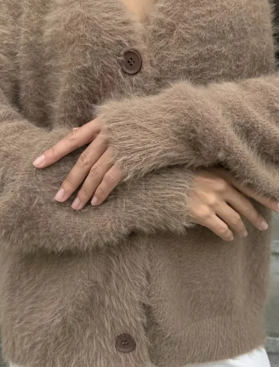 Women's Knit Fuzzy Oversized Cardigan V Neck Cardigan Fall Winter Work Elegant Streetwear Daily Long Sleeve Solid Color Brown Light Grey Women Cardigans & Outerwears