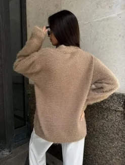 Women's Knit Fuzzy Oversized Cardigan V Neck Cardigan Fall Winter Work Elegant Streetwear Daily Long Sleeve Solid Color Brown Light Grey Women Cardigans & Outerwears