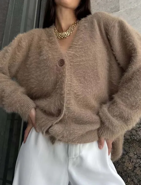 Women's Knit Fuzzy Oversized Cardigan V Neck Cardigan Fall Winter Work Elegant Streetwear Daily Long Sleeve Solid Color Brown Light Grey Women Cardigans & Outerwears